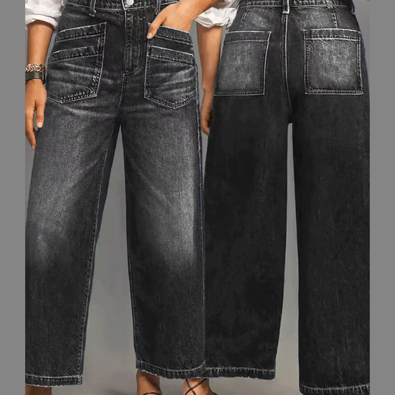 📢📢48 % RABATT!!⏰Casual høyhalset jeans med vid ben for kvinner