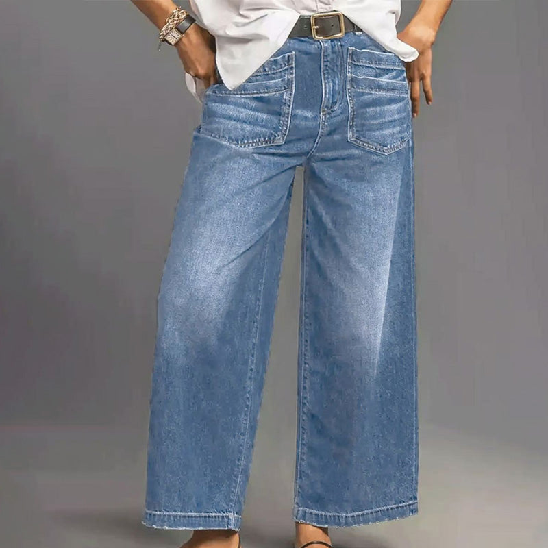 📢📢48 % RABATT!!⏰Casual høyhalset jeans med vid ben for kvinner