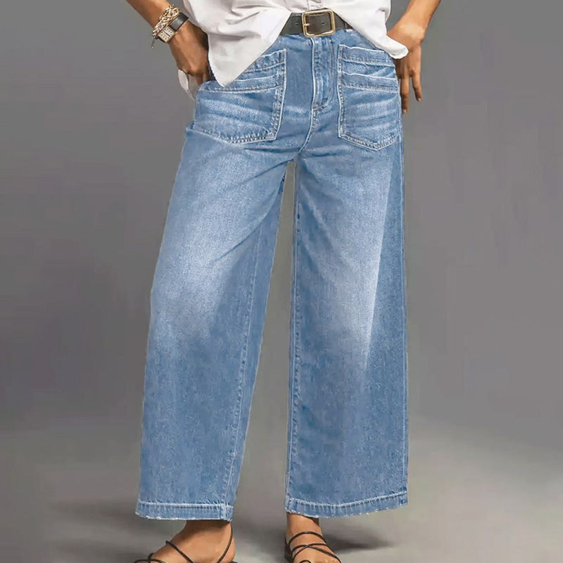 📢📢48 % RABATT!!⏰Casual høyhalset jeans med vid ben for kvinner