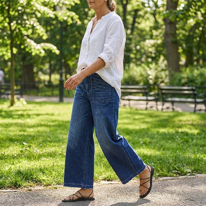 📢📢48 % RABATT!!⏰Casual høyhalset jeans med vid ben for kvinner