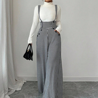 📢📢48 % RABATT!! ⏰ Høyt liv bukser med seler i hundetannmønster – bred passform, vintage eleganse og lang silhuett 🎀👖