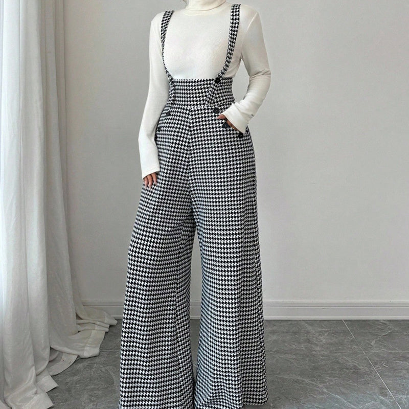 📢📢48 % RABATT!! ⏰ Høyt liv bukser med seler i hundetannmønster – bred passform, vintage eleganse og lang silhuett 🎀👖