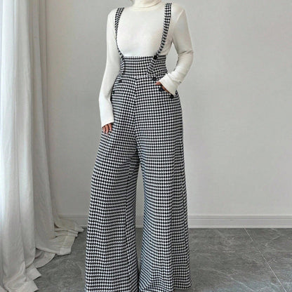 📢📢48 % RABATT!! ⏰ Høyt liv bukser med seler i hundetannmønster – bred passform, vintage eleganse og lang silhuett 🎀👖
