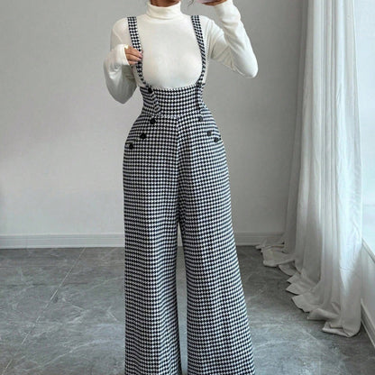 📢📢48 % RABATT!! ⏰ Høyt liv bukser med seler i hundetannmønster – bred passform, vintage eleganse og lang silhuett 🎀👖