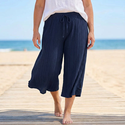 ⏳Tidsbegrenset spesialtilbud⏰Ribbede vide capribukser – Elastisk snøring i midjen, sidelommer og splitt nederst (Armygrønn/Marineblå/Svart | 1XL–5XL) 👖🌿