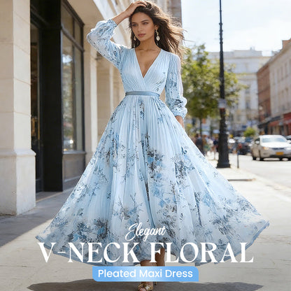 🔥 NY – Nå midlertidig 48 % rabatt!👗 Elegant maxikjole med V-hals, blomstertrykk og folder – Romantisk og feminin