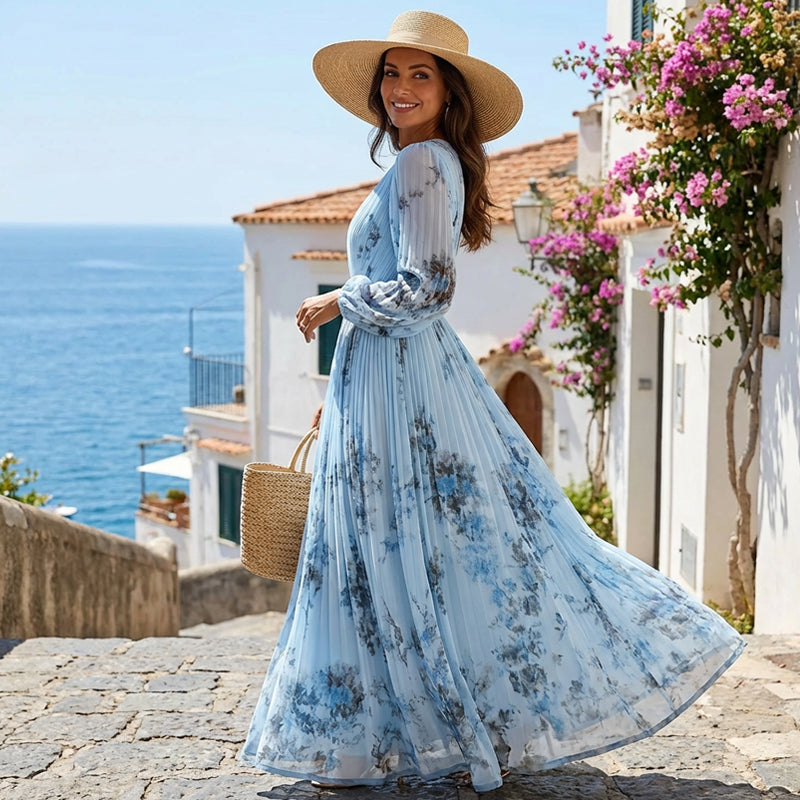 🔥 NY – Nå midlertidig 48 % rabatt!👗 Elegant maxikjole med V-hals, blomstertrykk og folder – Romantisk og feminin