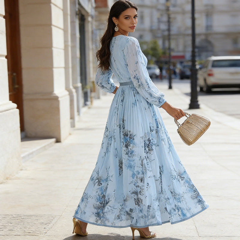 🔥 NY – Nå midlertidig 48 % rabatt!👗 Elegant maxikjole med V-hals, blomstertrykk og folder – Romantisk og feminin
