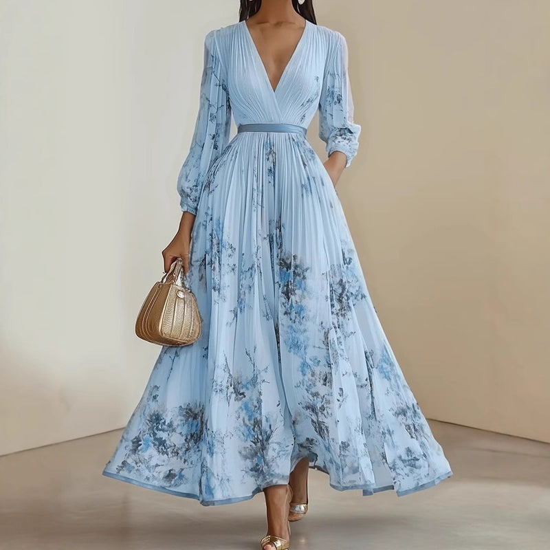 🔥 NY – Nå midlertidig 48 % rabatt!👗 Elegant maxikjole med V-hals, blomstertrykk og folder – Romantisk og feminin