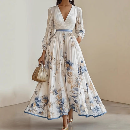 🔥 NY – Nå midlertidig 48 % rabatt!👗 Elegant maxikjole med V-hals, blomstertrykk og folder – Romantisk og feminin