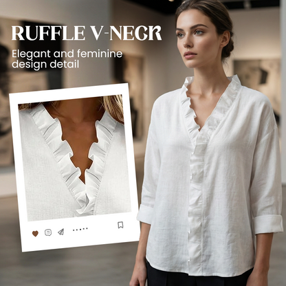 ✨ Uanstrengt elegant til hverdagsbruk – Premium bluse med volanger og V-hals! ✨