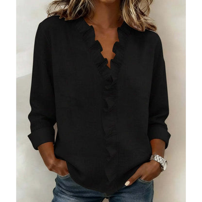 ✨ Uanstrengt elegant til hverdagsbruk – Premium bluse med volanger og V-hals! ✨