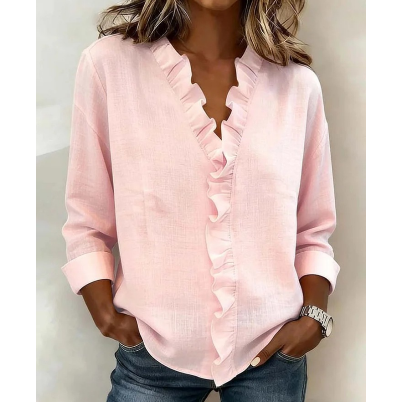 ✨ Uanstrengt elegant til hverdagsbruk – Premium bluse med volanger og V-hals! ✨