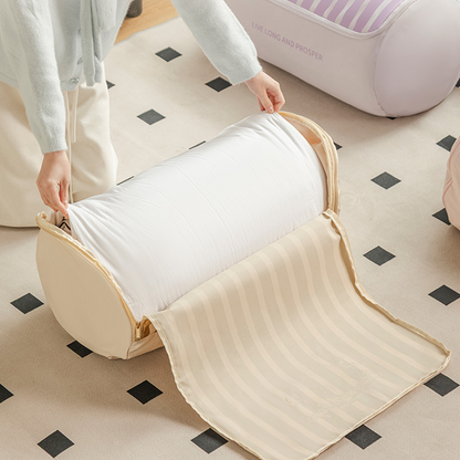 Sylindrisk opprullbar oppbevaringspose til quilt med glidelås