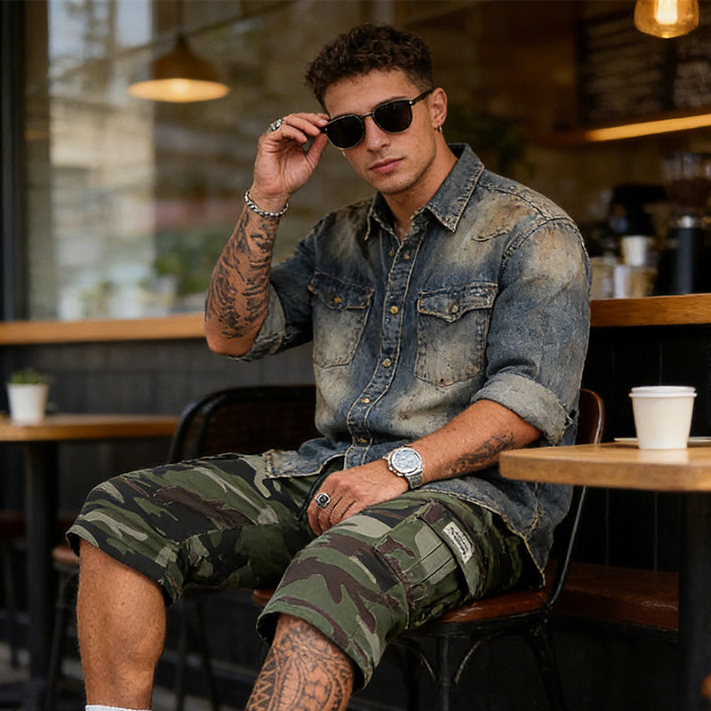 🟩 48 % RABATT 🗺️ | Camouflage-cargoshorts for menn – mange lommer og avslappet passform
