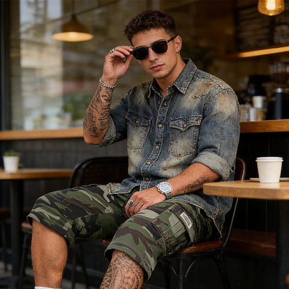 🟩 48 % RABATT 🗺️ | Camouflage-cargoshorts for menn – mange lommer og avslappet passform