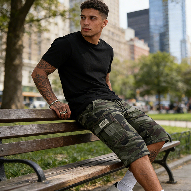 🟩 48 % RABATT 🗺️ | Camouflage-cargoshorts for menn – mange lommer og avslappet passform