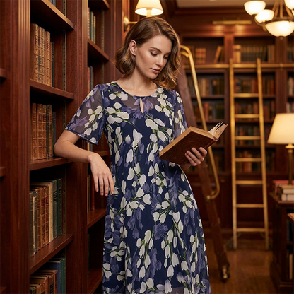 🌸 48 % RABATT NÅ! ✨ Blomsterkjole i A-formet stil til dame – dobbelt lags chiffon, elegant trykk og knelang passform 👗