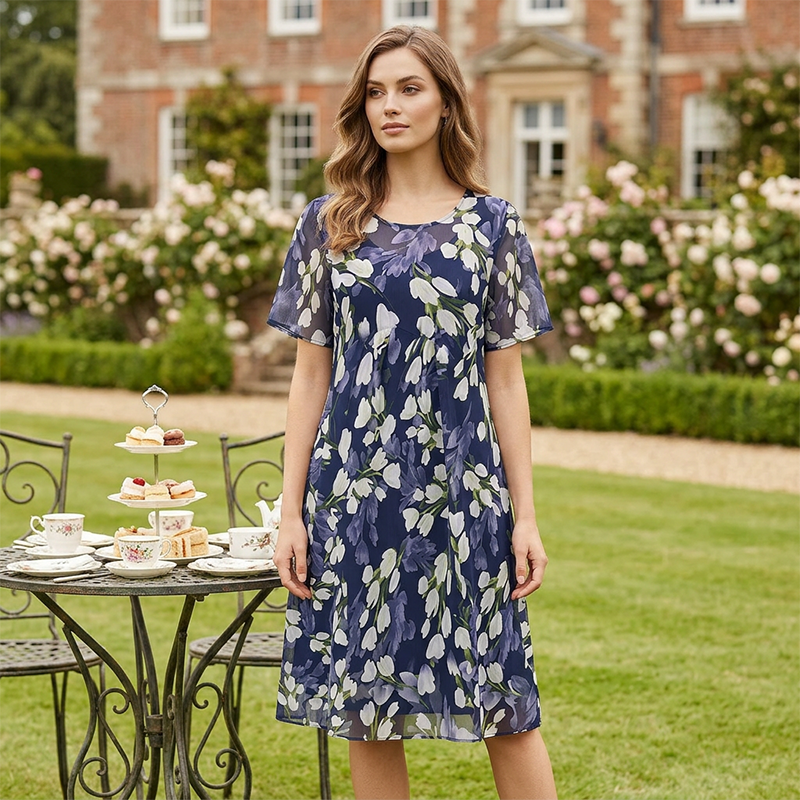 🌸 48 % RABATT NÅ! ✨ Blomsterkjole i A-formet stil til dame – dobbelt lags chiffon, elegant trykk og knelang passform 👗
