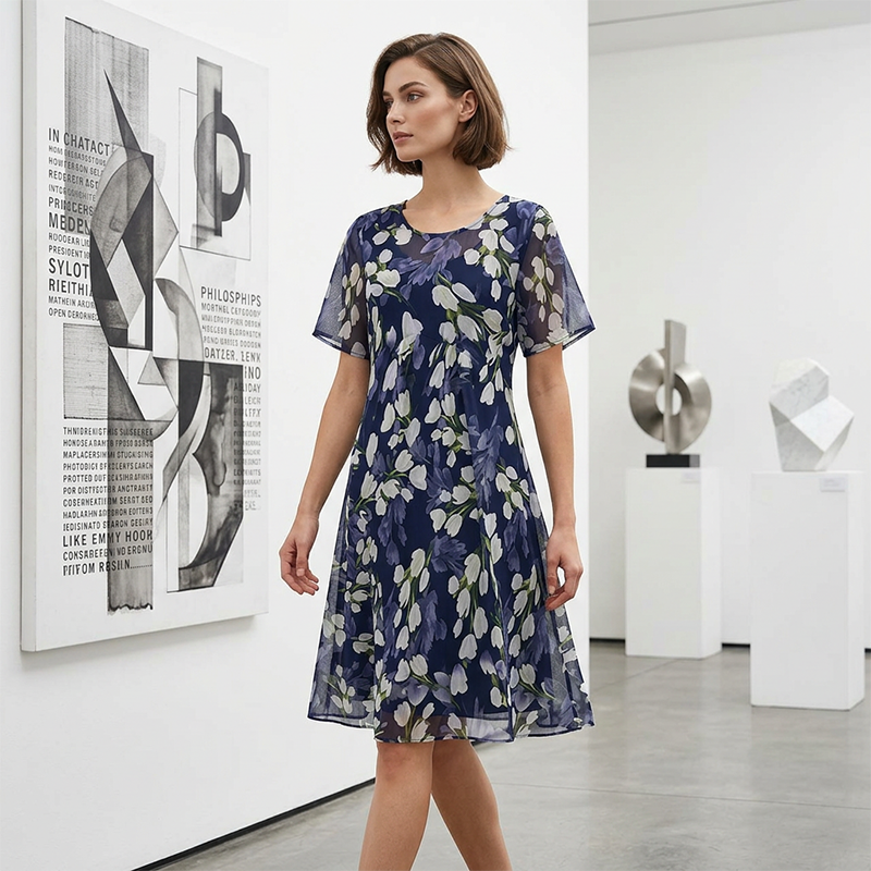 🌸 48 % RABATT NÅ! ✨ Blomsterkjole i A-formet stil til dame – dobbelt lags chiffon, elegant trykk og knelang passform 👗