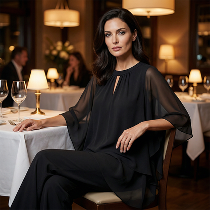 🔥Så lenge lageret rekker – 48 % rabatt!🎉Elegant todelt sett: bluse med asymmetrisk kant og vide bukser