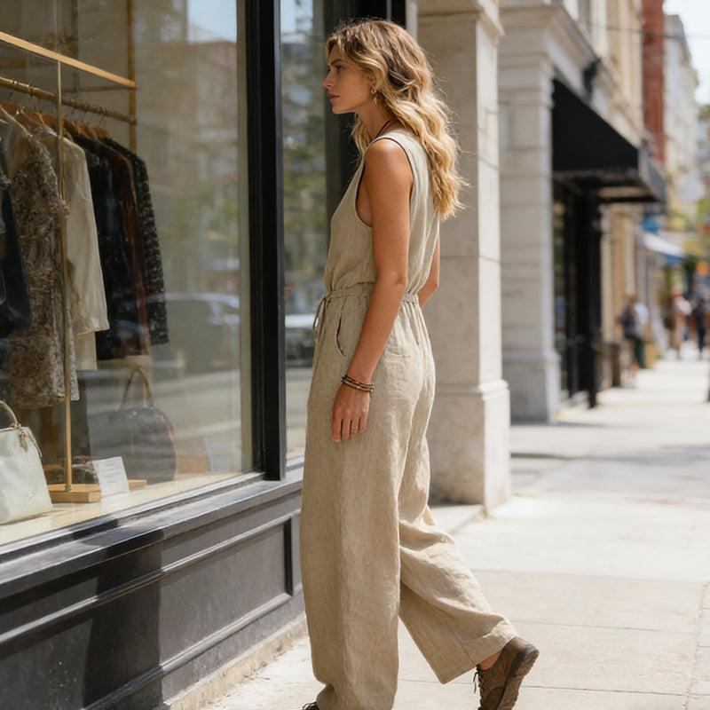 🌞Spring Awakening: 49 % rabatt! Elegant jumpsuit med V-hals: Ermeløs jumpsuit med knappestolpe i en avslappet passform