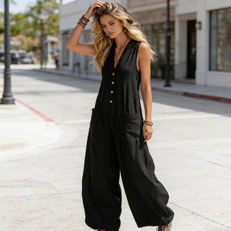 🌞Spring Awakening: 49 % rabatt! Elegant jumpsuit med V-hals: Ermeløs jumpsuit med knappestolpe i en avslappet passform