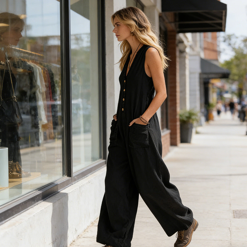 🌞Spring Awakening: 49 % rabatt! Elegant jumpsuit med V-hals: Ermeløs jumpsuit med knappestolpe i en avslappet passform