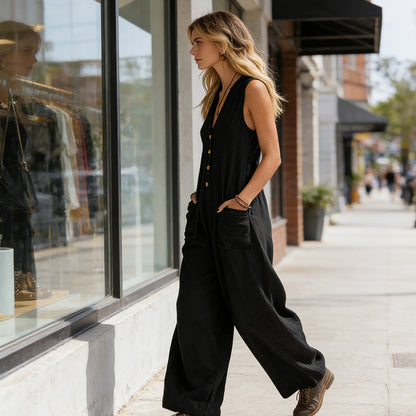 🌞Spring Awakening: 49 % rabatt! Elegant jumpsuit med V-hals: Ermeløs jumpsuit med knappestolpe i en avslappet passform