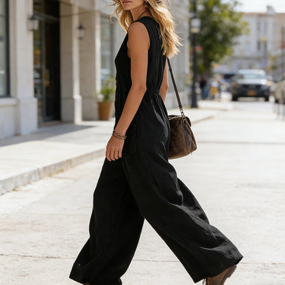 🌞Spring Awakening: 49 % rabatt! Elegant jumpsuit med V-hals: Ermeløs jumpsuit med knappestolpe i en avslappet passform