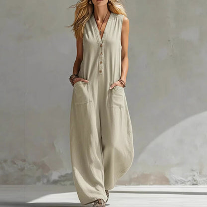 🌞Spring Awakening: 49 % rabatt! Elegant jumpsuit med V-hals: Ermeløs jumpsuit med knappestolpe i en avslappet passform