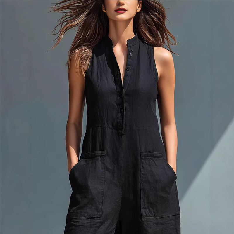 👖 48 % RABATT NÅ! 🌿 Ermeløs vid jumpsuit til dame – Knapper, avslappet passform og funksjonelle lommer ✨