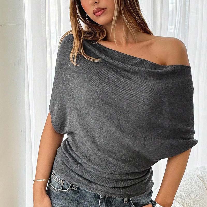 ⏳48 % rabatt i en begrenset periode⏰Asymmetrisk topp med avskårne skuldre og flaggermusermer for damer👚
