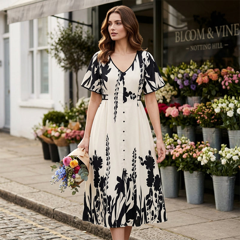 🎁Ny ankomst 48 % RABATT💥Myk midikjole med botanisk trykk og V-hals – Elegant, lett og perfekt for alle