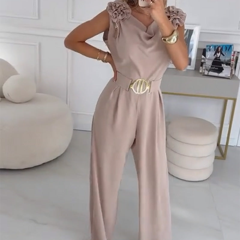 Ermeløs jumpsuit med blomsterdekorasjon til dame