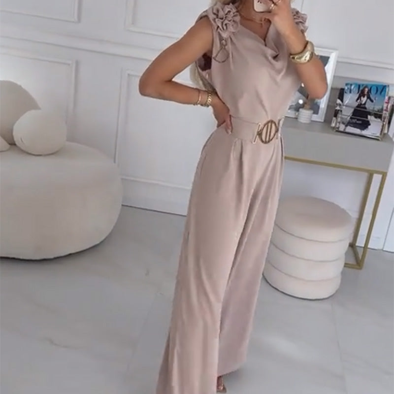 Ermeløs jumpsuit med blomsterdekorasjon til dame