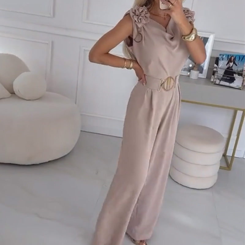 Ermeløs jumpsuit med blomsterdekorasjon til dame