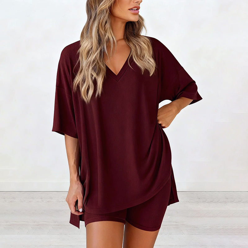 PRETTYGARDEN Rundhals-sett for kvinner Sommer Uformelt Overdimensjonert Skjorte med Splittkant og Sidelommer for Biker Shorts Minimalistisk Lounge Wear Mykt viskosestoff Komfortabel Hjemmetøy Koselig Pysjamas