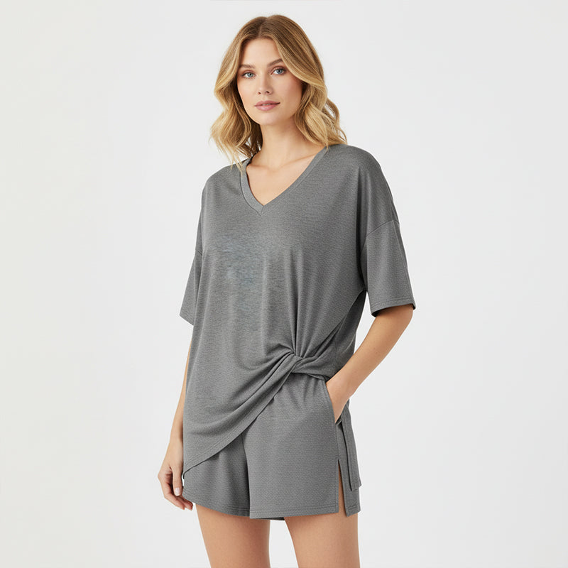 PRETTYGARDEN Rundhals-sett for kvinner Sommer Uformelt Overdimensjonert Skjorte med Splittkant og Sidelommer for Biker Shorts Minimalistisk Lounge Wear Mykt viskosestoff Komfortabel Hjemmetøy Koselig Pysjamas