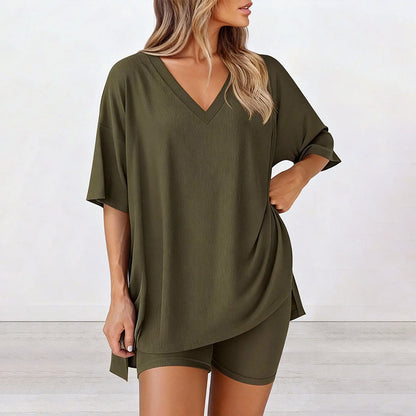PRETTYGARDEN Rundhals-sett for kvinner Sommer Uformelt Overdimensjonert Skjorte med Splittkant og Sidelommer for Biker Shorts Minimalistisk Lounge Wear Mykt viskosestoff Komfortabel Hjemmetøy Koselig Pysjamas