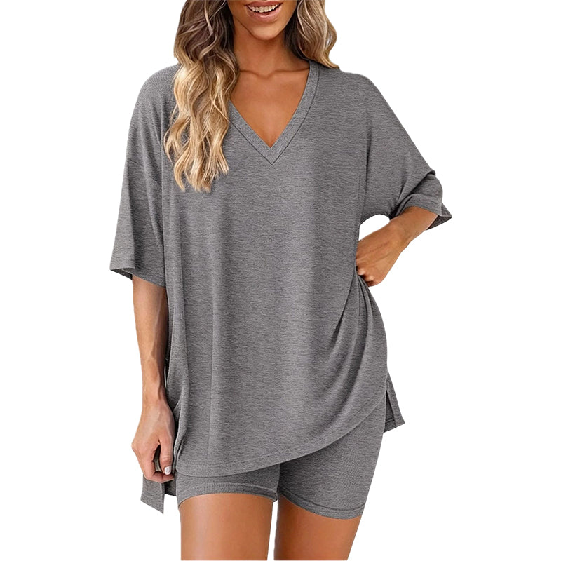 PRETTYGARDEN Rundhals-sett for kvinner Sommer Uformelt Overdimensjonert Skjorte med Splittkant og Sidelommer for Biker Shorts Minimalistisk Lounge Wear Mykt viskosestoff Komfortabel Hjemmetøy Koselig Pysjamas
