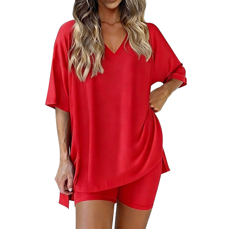 PRETTYGARDEN Rundhals-sett for kvinner Sommer Uformelt Overdimensjonert Skjorte med Splittkant og Sidelommer for Biker Shorts Minimalistisk Lounge Wear Mykt viskosestoff Komfortabel Hjemmetøy Koselig Pysjamas
