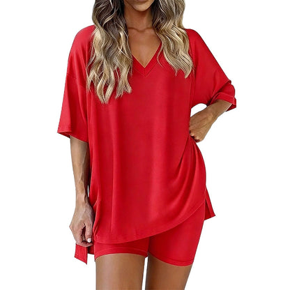 PRETTYGARDEN Rundhals-sett for kvinner Sommer Uformelt Overdimensjonert Skjorte med Splittkant og Sidelommer for Biker Shorts Minimalistisk Lounge Wear Mykt viskosestoff Komfortabel Hjemmetøy Koselig Pysjamas