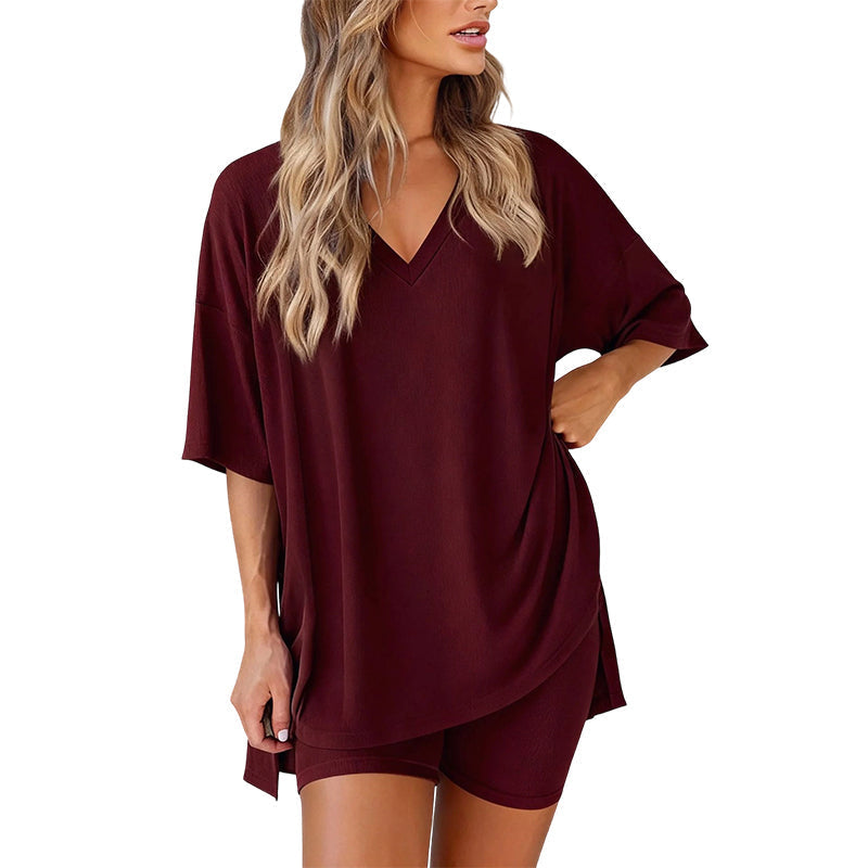 PRETTYGARDEN Rundhals-sett for kvinner Sommer Uformelt Overdimensjonert Skjorte med Splittkant og Sidelommer for Biker Shorts Minimalistisk Lounge Wear Mykt viskosestoff Komfortabel Hjemmetøy Koselig Pysjamas