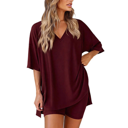 PRETTYGARDEN Rundhals-sett for kvinner Sommer Uformelt Overdimensjonert Skjorte med Splittkant og Sidelommer for Biker Shorts Minimalistisk Lounge Wear Mykt viskosestoff Komfortabel Hjemmetøy Koselig Pysjamas
