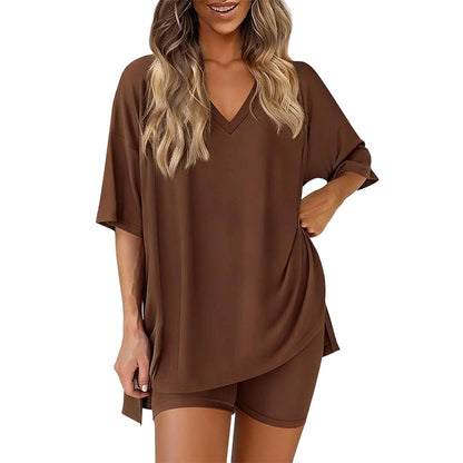 PRETTYGARDEN Rundhals-sett for kvinner Sommer Uformelt Overdimensjonert Skjorte med Splittkant og Sidelommer for Biker Shorts Minimalistisk Lounge Wear Mykt viskosestoff Komfortabel Hjemmetøy Koselig Pysjamas