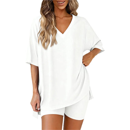PRETTYGARDEN Rundhals-sett for kvinner Sommer Uformelt Overdimensjonert Skjorte med Splittkant og Sidelommer for Biker Shorts Minimalistisk Lounge Wear Mykt viskosestoff Komfortabel Hjemmetøy Koselig Pysjamas
