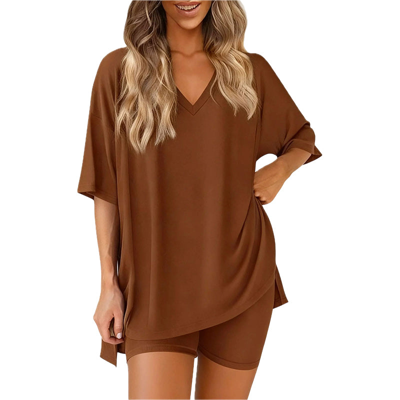 PRETTYGARDEN Rundhals-sett for kvinner Sommer Uformelt Overdimensjonert Skjorte med Splittkant og Sidelommer for Biker Shorts Minimalistisk Lounge Wear Mykt viskosestoff Komfortabel Hjemmetøy Koselig Pysjamas