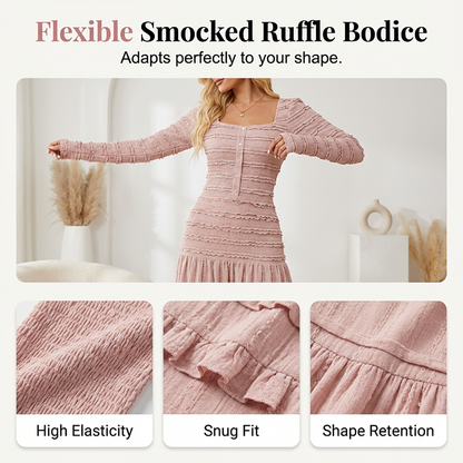 ✨ 48% RABATT NÅ! 👗 Maxikjole med firkantet hals – Smock-overdel, rysjekant og pustende stoff 🌸