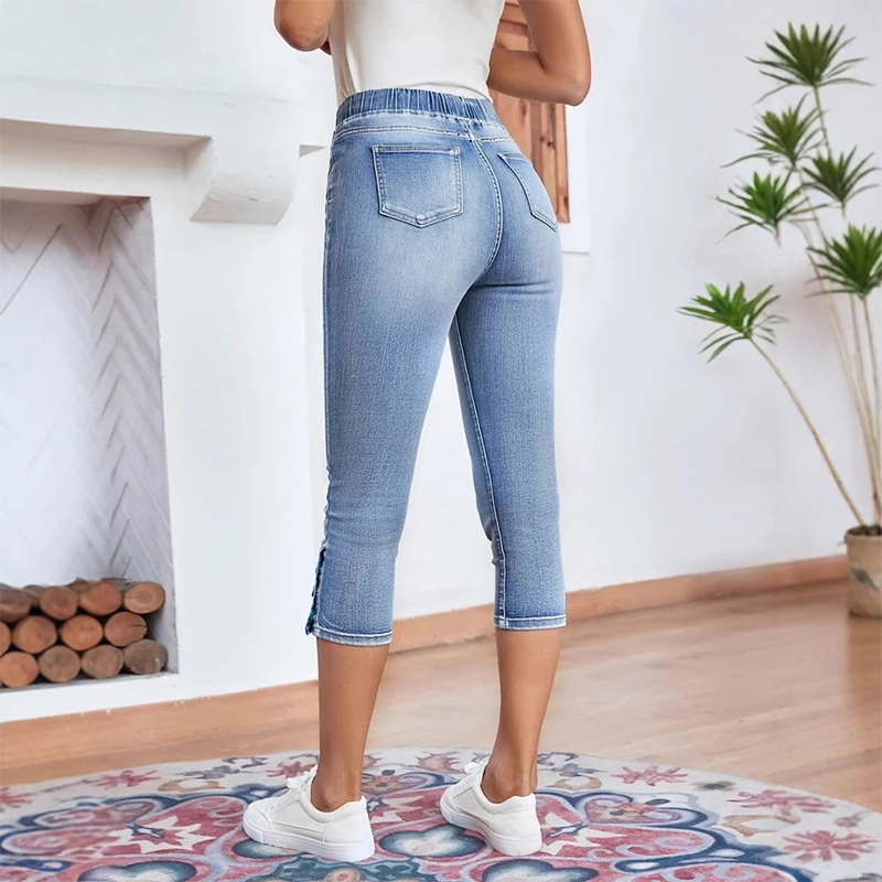 Stretchiga caprijeans för damer med dragsko i midja